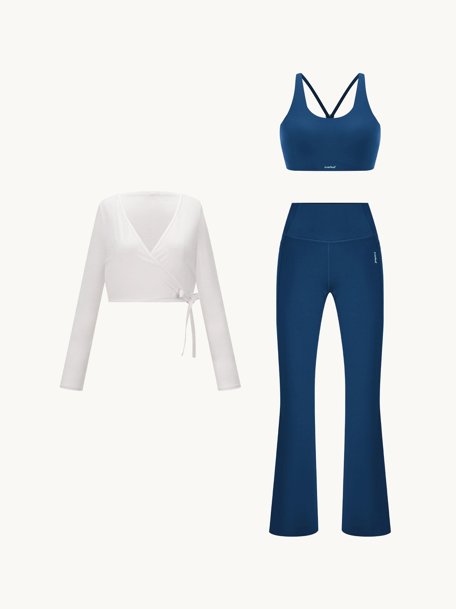 Image of 3D render of a women's yoga set with a white ballet wrap top, Strait Blue sports bra, and matching Strait Blue flared yoga pants.