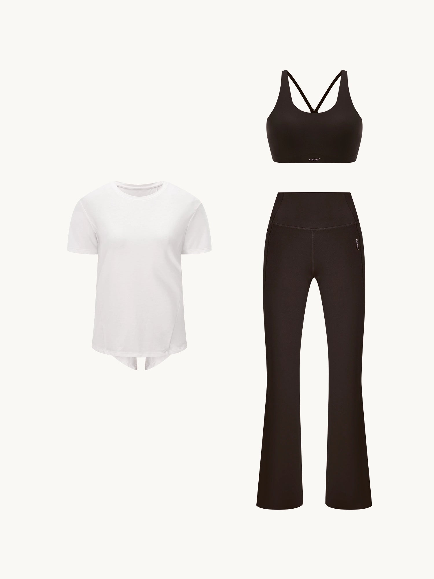 Image of 3D render of a Back Twist 3-piece yoga set featuring a white twist-back top, Mocha Brown sports bra, and matching Mocha Brown flare pants.