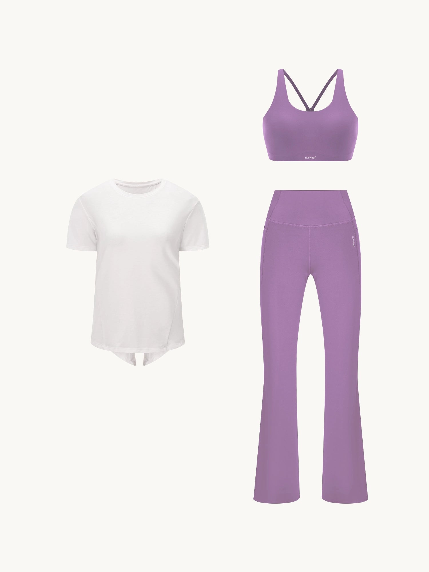 Image of 3D render of a Back Twist 3-piece yoga set featuring a white twist-back top, Twilight Purple sports bra, and matching Twilight Purple flare pants.