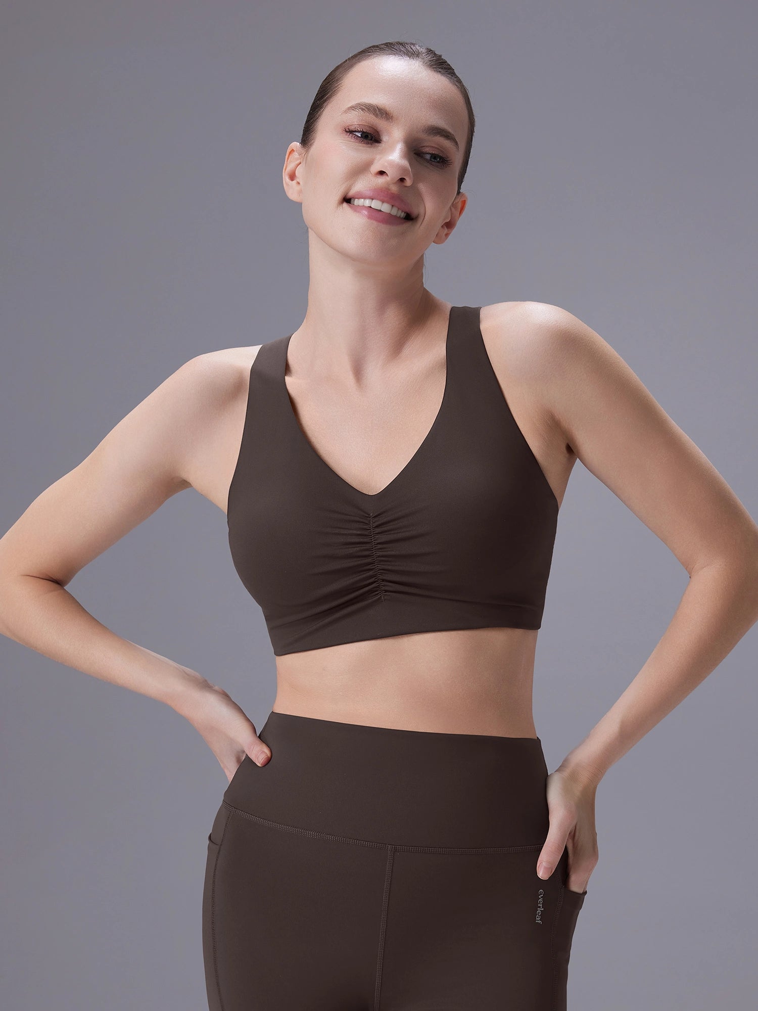 Image of Everleaf Ruched V-Neck Bra Mocha Brown