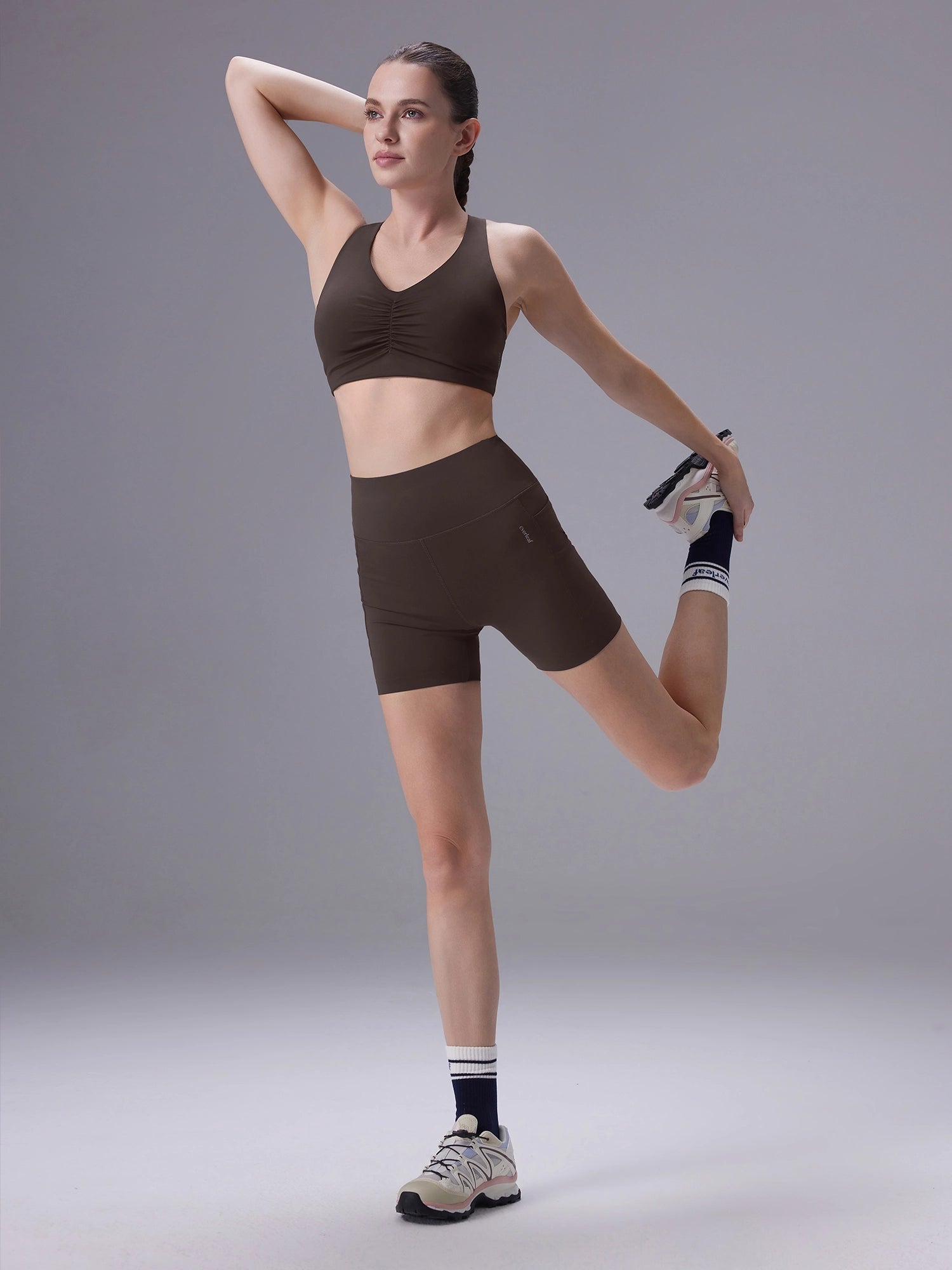 Image of Everleaf Ruched Sculpting Bra & Shorts Set Mocha Brown